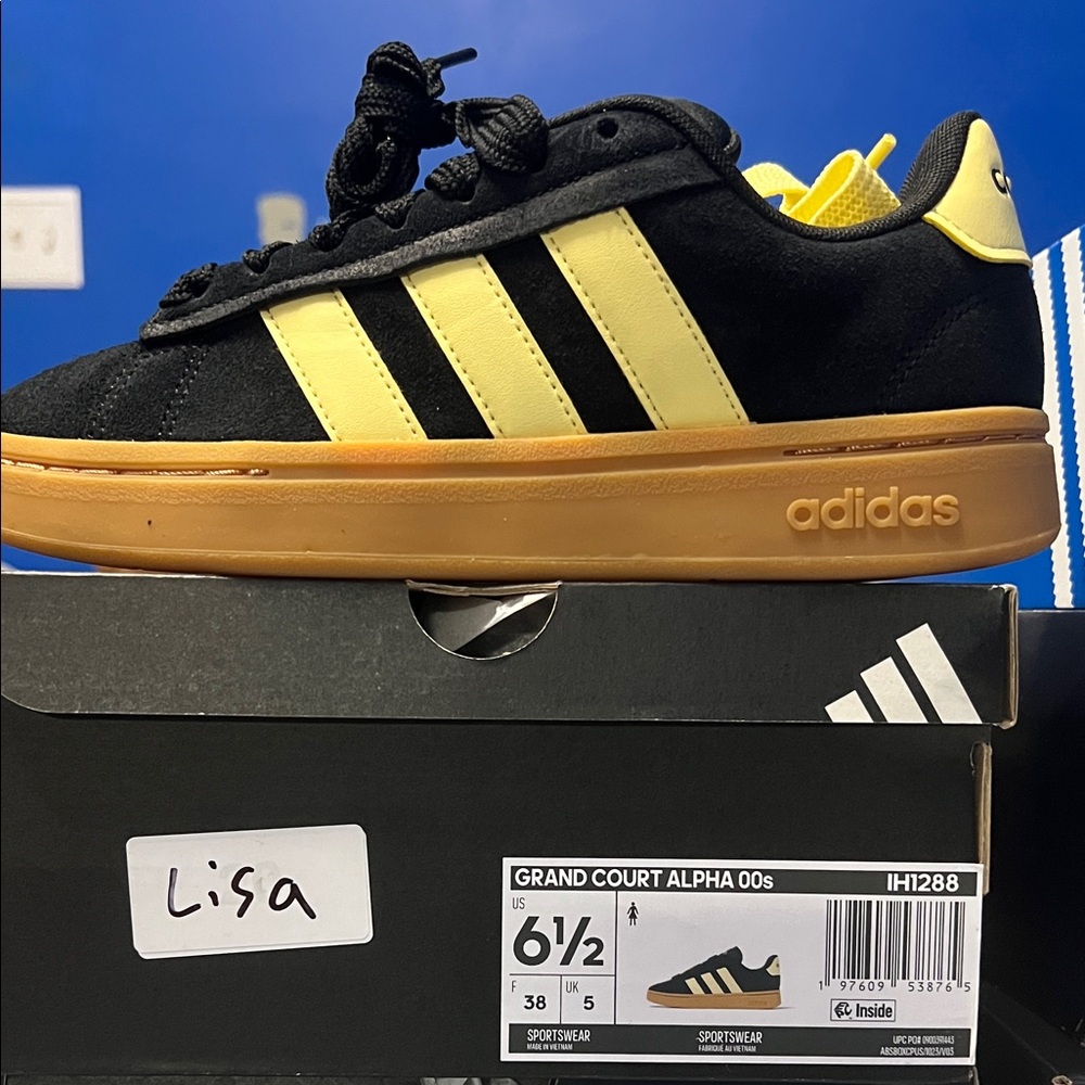 adidas Kids Black and Yellow Court-Style Sneakers